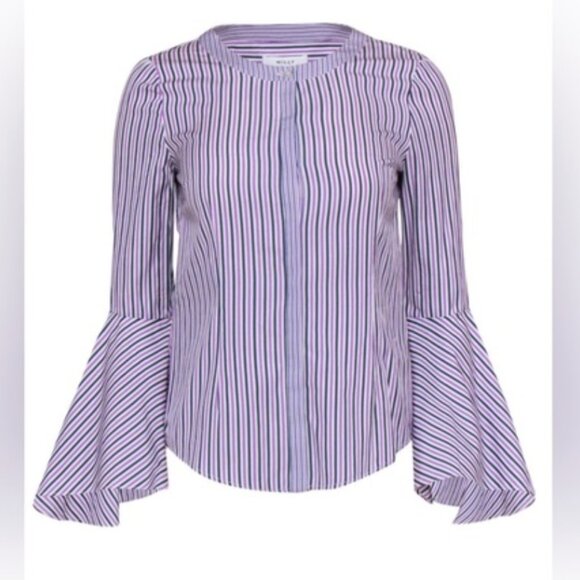 Milly Michelle Bell Sleeves Lavender and Navy Striped Blouse Sz 2 - Picture 2 of 8